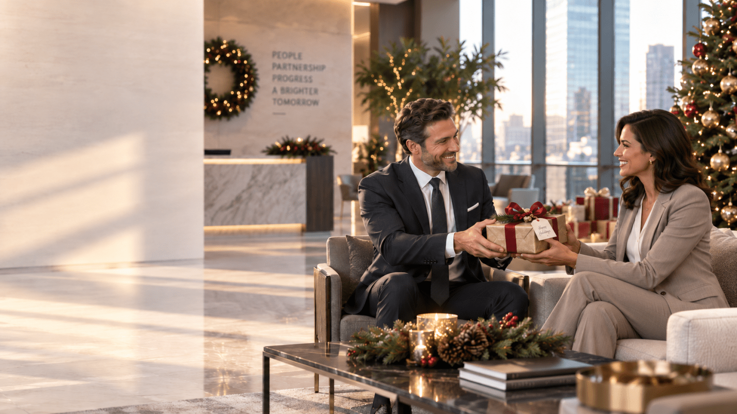 Giving Christmas gift to business partner